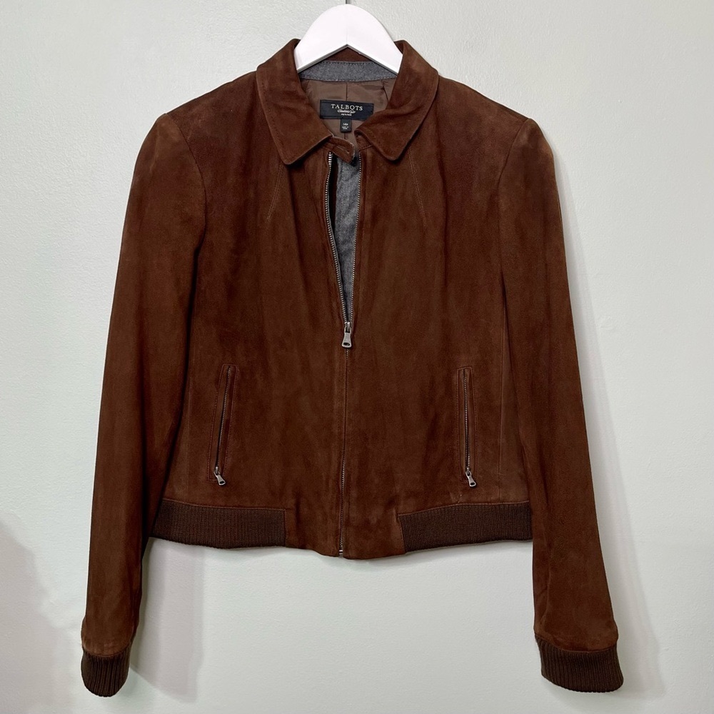 Talbots Brown Suede Leather Bomber Jacket Coat Women’s Size 14 - Picture 11 of 15